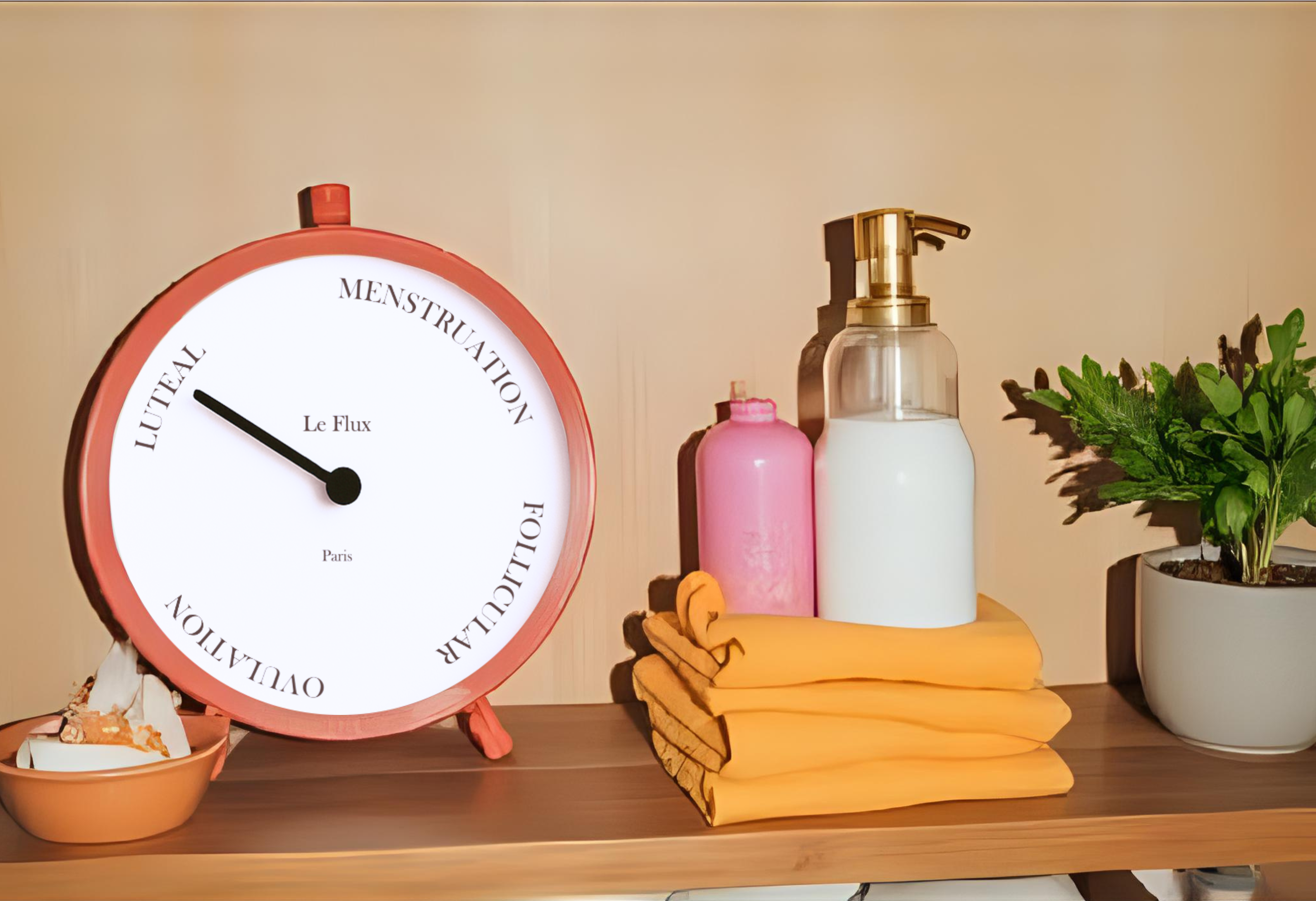 Menstrual cycle clock on bathroom shelf with toiletries and plant