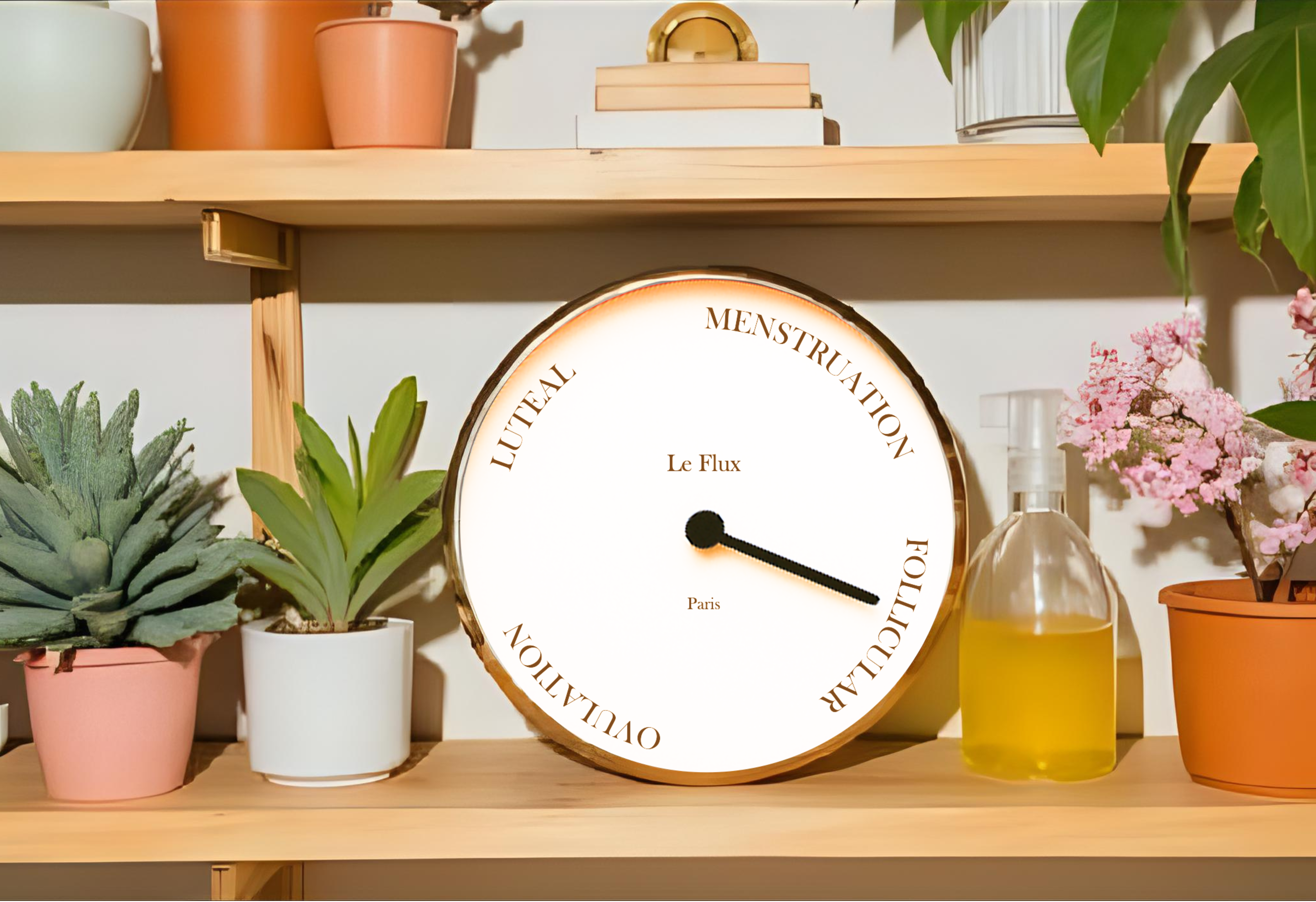 Menstrual cycle clock on bathroom shelf with toiletries and plants