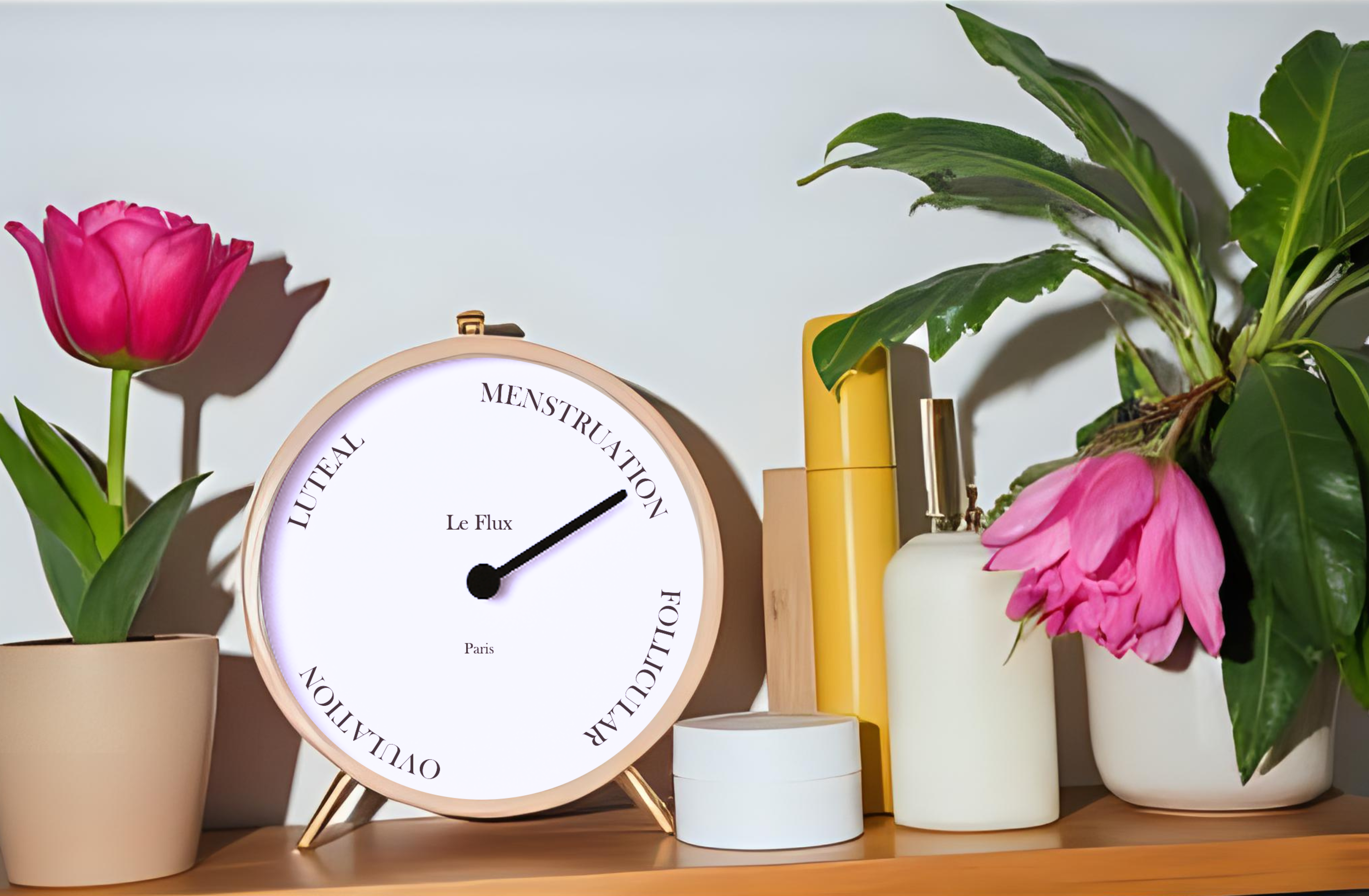 Menstrual cycle clock on bathroom shelf with toiletries and flowers