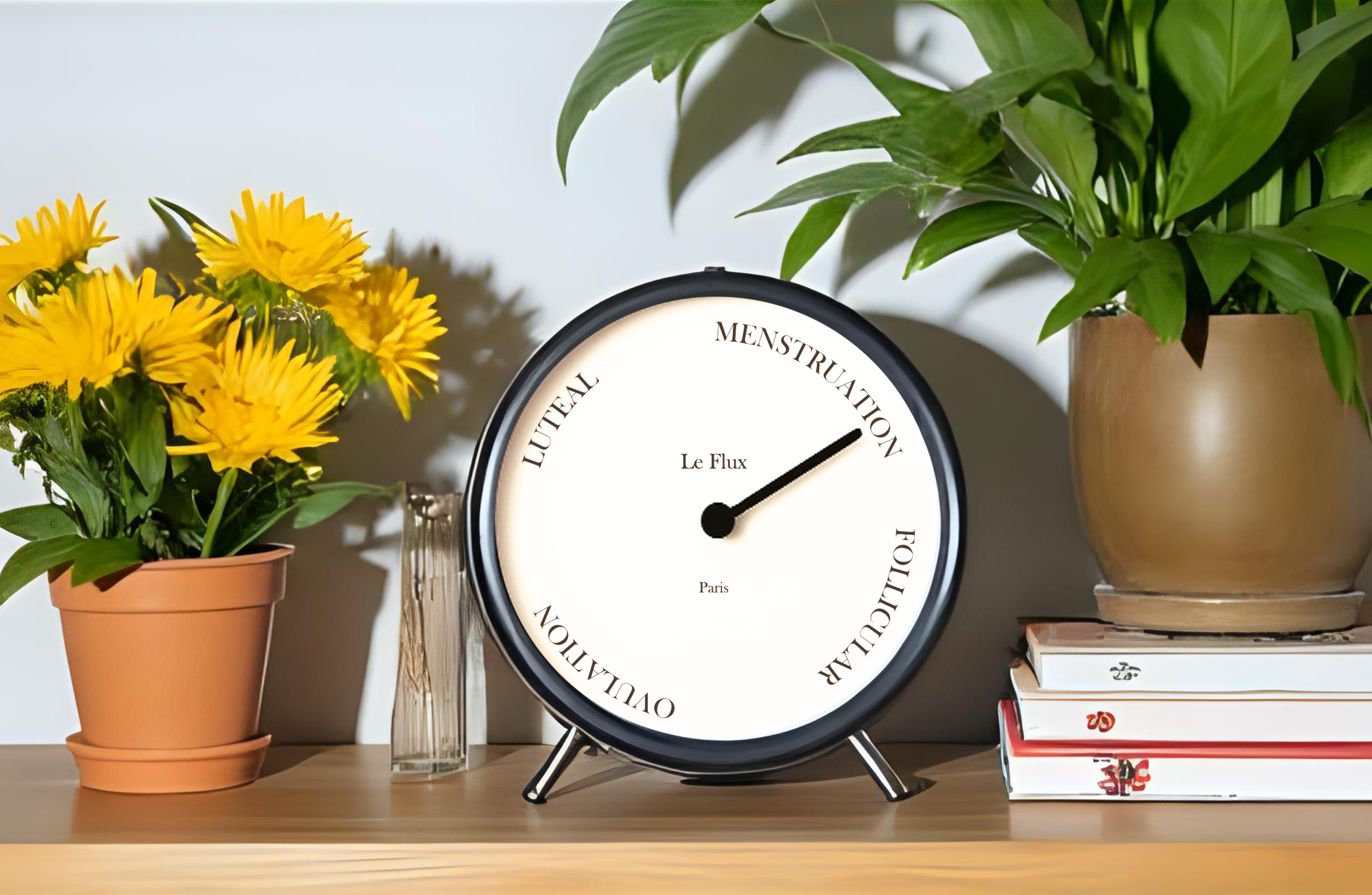 Menstrual cycle clock on a shelf with flowers, plant and books